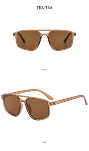 Front and side views of tea-brown double-bridge pilot sunglasses with polygon frames