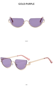 Detailed front and side views of gold-framed cat-eye sunglasses with purple lenses