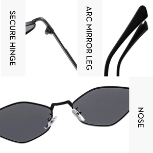 Detail of geometric sun glasses featuring secure hinges, arc mirror legs, and soft nose pads