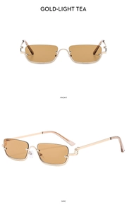 Front and side views of gold square half-frame sunglasses with light tea lenses