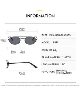 Detailed size specifications of vintage oval double-bridge metal frame sunglasses