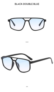Front and side view of black double-bridge pilot sunglasses with blue gradient lenses