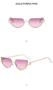Detailed front and side views of gold metal cat-eye sunglasses with purple pink gradient lenses