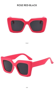 Front and side view of square rose red sunglasses with dark black rectangle lenses