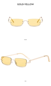 Front and side view of gold-yellow semi-rimless square sunglasses with vintage metal frame