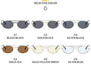 Detailed grid showing six color options of oval double-bridge metal frame sunglasses