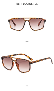 Detailed front and side views of tortoise shell aviator sunglasses with tea gradient lenses