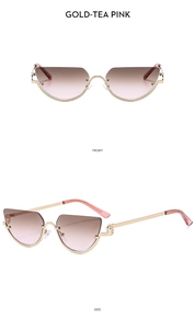 Gold-tea pink cat-eye sunglasses with half-frame metal design and side hollow ring detail