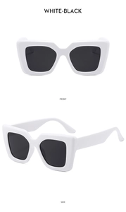 Front and side view of white square sunglasses featuring black lenses and modern design