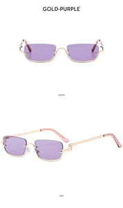 Detailed front and side view of gold-purple half-rim rectangular fashion sunglasses