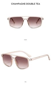 Detail view of champagne double beam aviator sunglasses showing front and side profiles