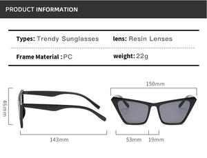 Detailed technical dimensions of trendy cat eye sunglasses with lightweight PC frame