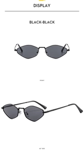 Front and 45-degree side views of black polygonal sunglasses with metal temple details