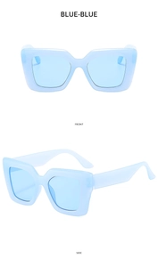 Front and side views of square candy-colored sunglasses in monochrome light blue finish