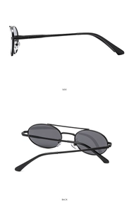 Side and back view of retro oval double-bridge sunglasses with slim metal temples