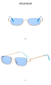 Detail of gold metal half-frame sunglasses with blue rectangular lenses from front and side views