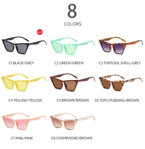 Cat eye sunglasses detail grid showing eight trendy colors with tinted lenses