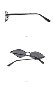 Side and back view of minimalist black polygon sunglasses with thin metal frames