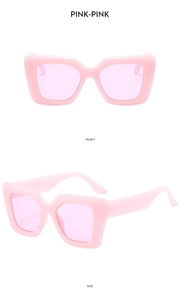 Detailed front and side view of pink square frame sunglasses with matching pink lenses