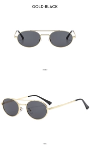 Front and side view of gold-black oval metal sunglasses with double bridge structure