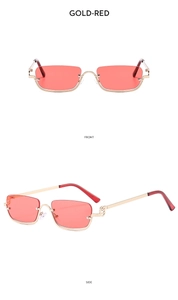 Detailed front and side view of gold metal half-frame sunglasses with red square lenses