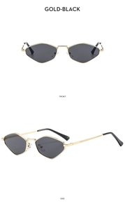 Front and side views of polygon metal sunglasses with gold frames and black lenses