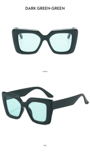 Front and side view of dark green square sunglasses with light green lenses