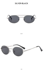 Detail of silver oval metal sunglasses with double bridge and anti-slip textures