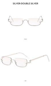 Front and side view of silver rectangular half-frame metal sunglasses with ring detail