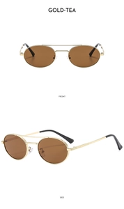 Front and side views of gold double-bridge oval sunglasses with stylish tea lenses