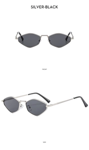 Front and side views of silver geometric hexagon sunglasses with black polarized lenses