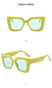Detailed front and side views of lime green square frame sunglasses with tinted lenses