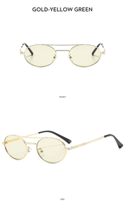 Front and side view of vintage oval gold metal sunglasses with yellow-green lenses