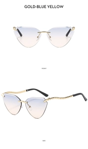 Front- und Seitenansicht der randlosen Cat-Eye-Sonnenbrille mit gold-blau-gelbem Farbverlauf