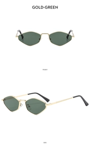 Detailed front and side views of gold polygon metal sunglasses with dark green lenses