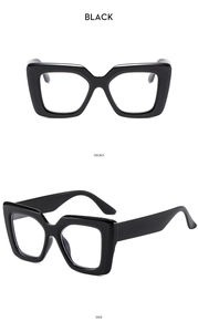 Front and side views of chunky black square frame sunglasses with glossy finish