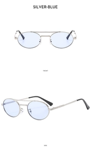 Front and side view of vintage oval silver metal sunglasses with light blue lenses