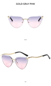 Detailansicht der randlosen Cat-Eye-Sonnenbrille in Gold-Grau-Rosa von vorne und seitlich
