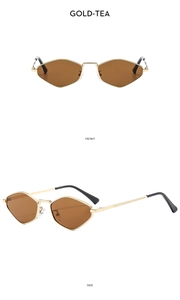 Front and side views of polygon metal sunglasses with gold frames and tea lenses