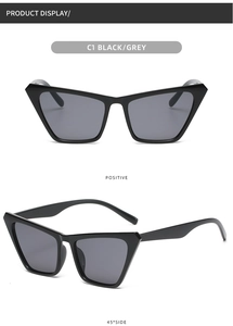 Front and 45-degree side view of black cat-eye sunglasses with grey lenses