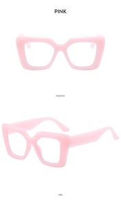 Detailed front and side views of pink square frame sunglasses with transparent finish