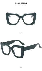 Detail view of dark green chunky square sunglasses showing front and side profile perspectives