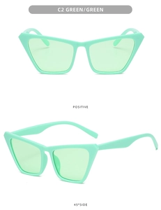 Mint green cat eye sunglasses with color-matched frames and lenses from two angles