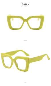 Detail view showing front and side profile of square green frames with a glossy finish