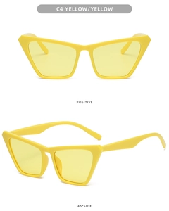 Front and 45-degree side views of stylish yellow cat-eye sunglasses with matching lenses