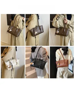 Multiple views of a large capacity tote bag with tassel charm in various retro colors