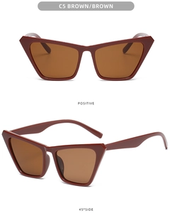 Front and 45-degree side views of dark red cat-eye sunglasses with brown lenses