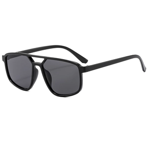 Fashionable double bridge aviator sunglasses with black square frames and dark grey lenses