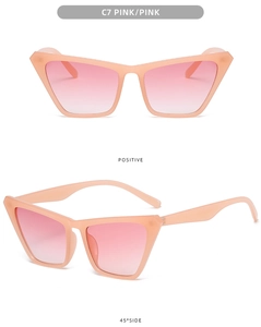 Detailed close-up of pink cat eye sunglasses showing front and 45-degree side angles
