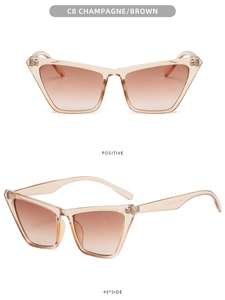 Detail view of champagne cat-eye sunglasses with gradient brown lenses in two angles